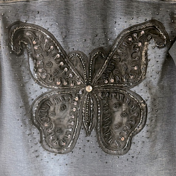 Sassy Thai Denim Jean Jacket Embellished Butterfly Embroidered Lace Size Large - Picture 9 of 13